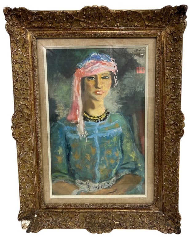 EDY LEGRAND "FEMME AU TURBAN" WATERCOLOR 29": A framed watercolor portrait titled Femme au Turban by French artist Edy Legrand (1892?1970). The composition depicts a woman wearing a colorful pink and blue headscarf and patterned garment, rendered