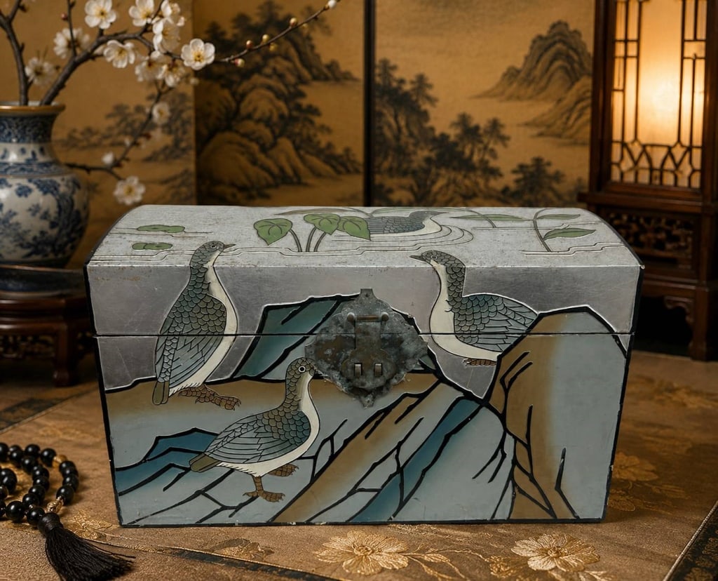 ORIENTAL BIRD MOTIF DECORATIVE TRUNK 27": This decorative Oriental-style lidded trunk features an elegant hand-decorated scene of three waterfowl set among stylized mountains, lotus leaves, and flowing water. The silver-toned exterior is acce