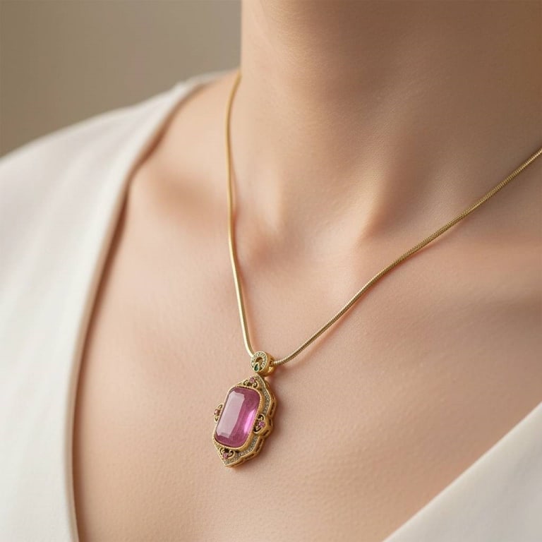 VTG 18K GP NATURAL AMETHYST NECKLACE: This elegant vintage-inspired necklace features a beautiful natural amethyst pendant pendant, set in a 18K gp frame. | The metal components are crafted from brass and plated with genuine 18K gold, add