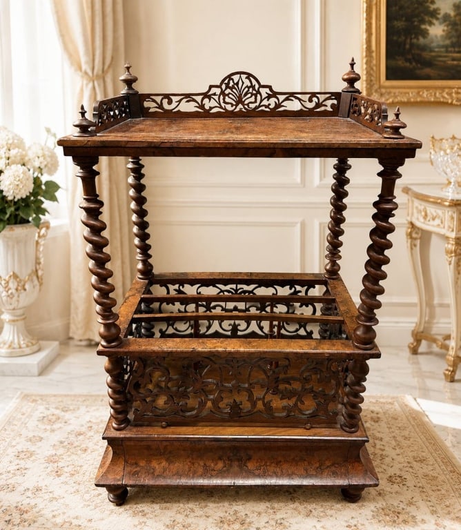 ANTIQUE WALNUT CANTERBURY STAND 38": Elegant antique Victorian Canterbury-style walnut stand featuring richly figured burl veneer surfaces, beautifully turned barley twist supports, and exceptional pierced fretwork throughout. The upper 