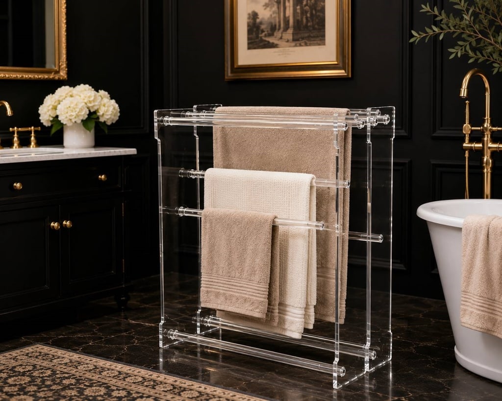 PAIR LUCITE TOWEL & BLANKET RACK 28": Bring timeless modern style to your home with this vintage clear lucite towel and blanket rack. Featuring multiple horizontal bars supported by thick acrylic side panels, this versatile organizer is i