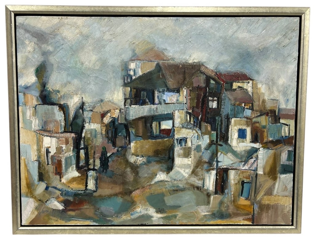FRAMED MODERNIST CITYSCAPE OIL PAINTING 42": A striking original modernist cityscape oil painting on canvas presented in an elegant silver-tone wood frame. Executed with expressive palette knife and brushwork, the composition depicts an abstract