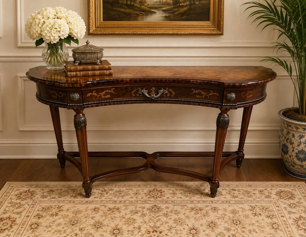 MAHOGANY INLAID DEMILUNE CONSOLE TABLE 60" (1 of 10)