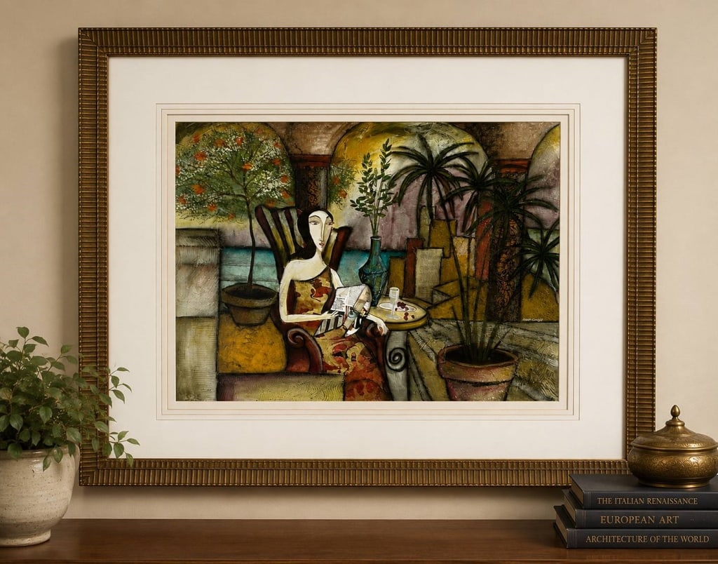 FRAMED CONTEMPORARY FIGURAL INTERIOR ART 52": Contemporary framed figural interior scene depicting a stylized woman seated in an armchair reading within an elegant architectural setting accented by lush potted plants, arches, and warm earth-tone 