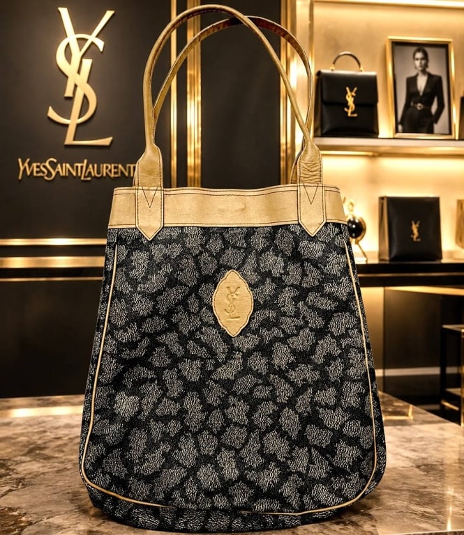 YVES SAINT LAURENT LEOPARD PRINT CANVAS TOTE 13": Vintage Yves Saint Laurent shoulder tote featuring an allover black and taupe abstract YSL leopard monogram pattern with contrasting beige leather trim. The structured bucket-style silhouette is finis