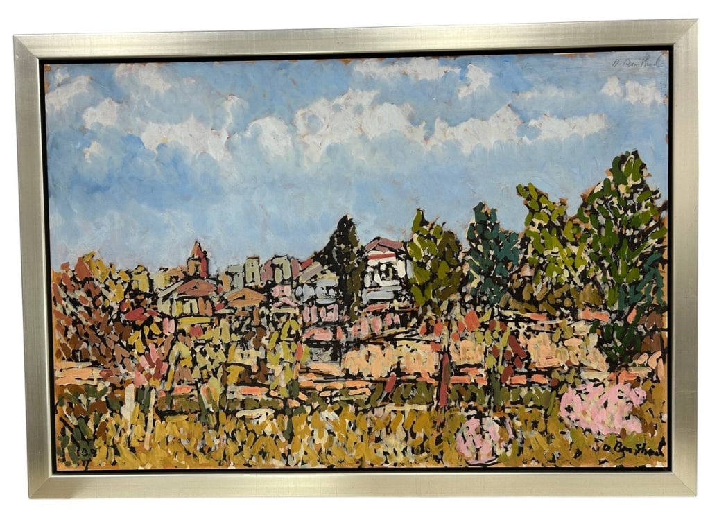 SIGNED IMPRESSIONIST LANDSCAPE OIL 48": Original signed oil painting on canvas depicting an impressionistic landscape with a village beyond a foreground of trees and fields beneath a bright sky. Executed in a vibrant palette with expressive