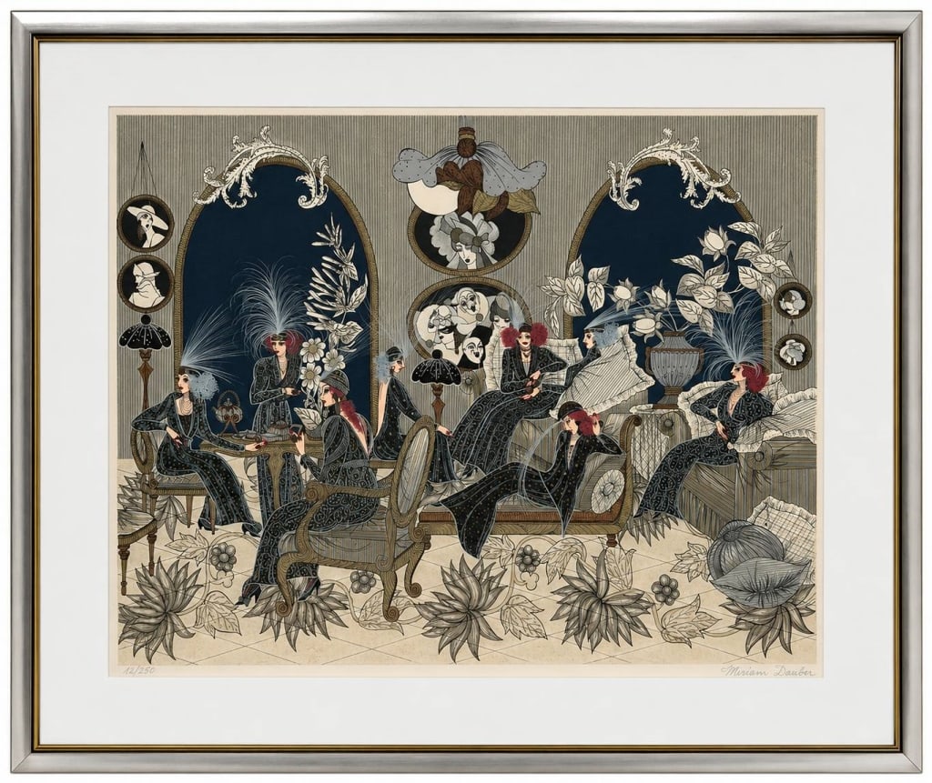 MIRIAM DAUBER SIGNED SERIGRAPH 36": Limited edition serigraph by Miriam Dauber, pencil signed lower right and numbered 12/250 lower left. The composition features an elegant Art Deco-inspired salon scene populated by stylish women in el