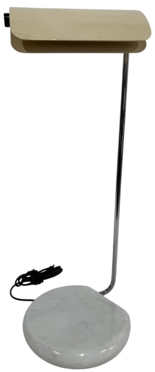MID CENTURY MODERN DESK LAMP WITH MARBLE BASE 27": This Mid Century Modern desk lamp features a sleek chrome support rising from a substantial polished white marble base, complemented by a rectangular cream-colored metal shade with rounded corners.