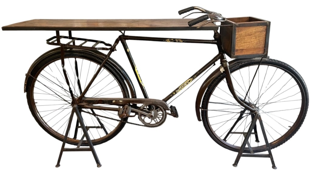VINTAGE BICYCLE CUSTOM CONSOLE TABLE 78": Unique custom console table crafted from a vintage bicycle frame with integrated wooden tabletop and front storage box. This eye-catching industrial design piece features the original bicycle wheels,