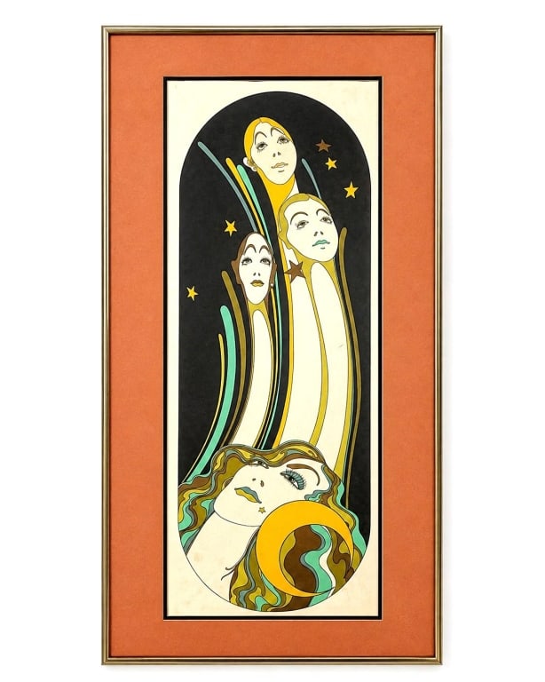 G. MARK ART DECO LITHOGRAPH 35": G. Mark limited-edition lithograph or serigraph dating to the late 1960s or 1970s, titled in pencil along the lower margin ?Ascent, Descent and Crescent.? The tall vertical composition presents four s