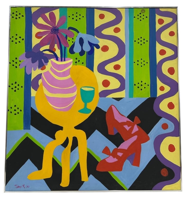 SIGNED CONTEMPORARY POP ART STILL LIFE 42": This colorful contemporary Pop Art painting is signed and dated "Smith '70" and features a whimsical still life composition with a striped vase of oversized flowers, a goblet, and a pair of vibrant