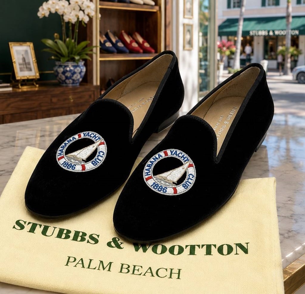 STUBBS & WOOTTON HABANA FRENCH VELVET LOAFERS SZ 9: Stylish pair of Stubbs & Wootton black velvet loafers featuring embroidered ?Habana Yacht Club 1886? sailboat crests to the vamps. Crafted in Spain with genuine leather interiors, these classic