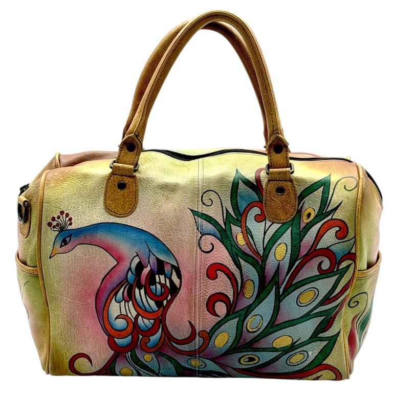 ANUSCHKA PEACOCK LEATHER SATCHEL 12": Hand-painted Anuschka genuine leather satchel featuring the celebrated Peacock design in vibrant jewel tones. Expertly crafted from premium hand-painted leather, this spacious carryall showcases the