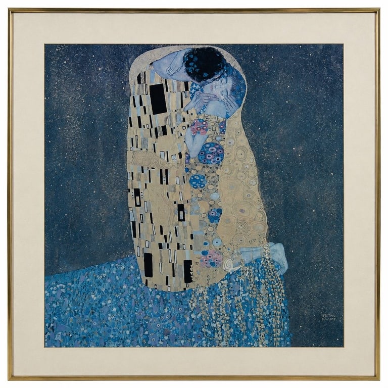 THE KISS AFTER KLIMT LITHOGRAPH 32": Inspired by Gustav Klimt's iconic composition, this decorative print captures the timeless embrace of The Kiss with richly layered blue, cream, and gold tones. Beautifully presented beneath glass in a