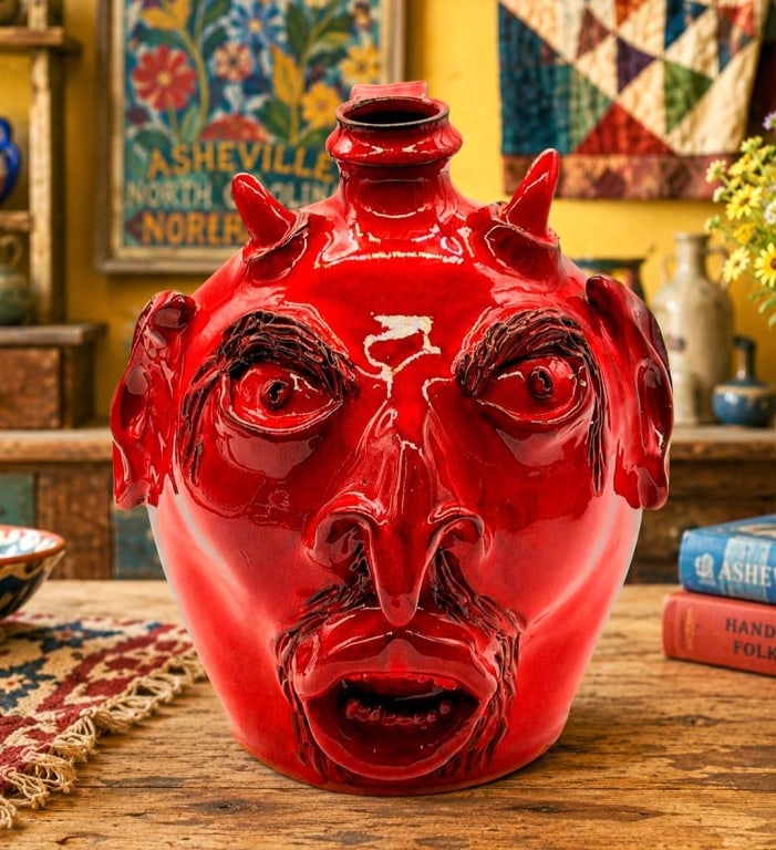 BILLY RAY HUSSEY SEAGROVE RED DEVIL FACE JUG 9" (1 of 7)
