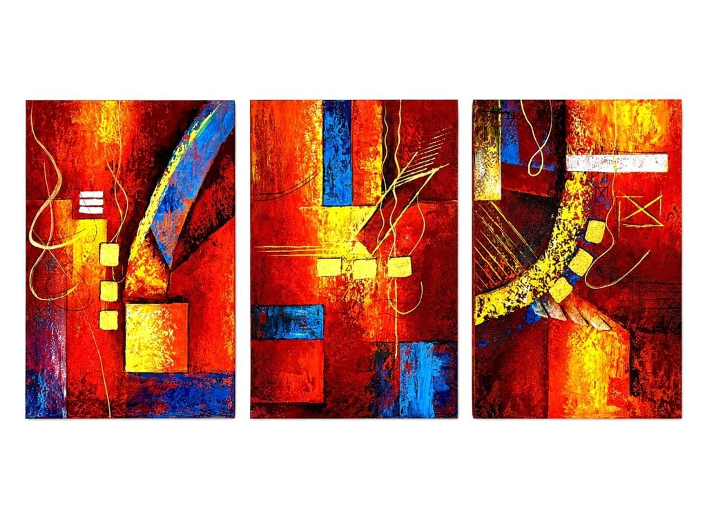 SET 3 ABSTRACT CANVAS PAINTINGS 24": Coordinated set of three contemporary abstract paintings on canvas, each featuring layered geometric forms, sweeping linear accents, and richly textured surfaces. The compositions are unified by a war