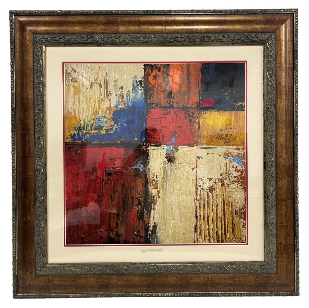 MARTA CASTELLS ABSTRACT COMPOSITION PRINT 37": Contemporary abstract composition by Marta Castells featuring layered blocks of rich crimson, gold, ivory, and cobalt blue with expressive textural brushwork. The artwork is professionally matted and 