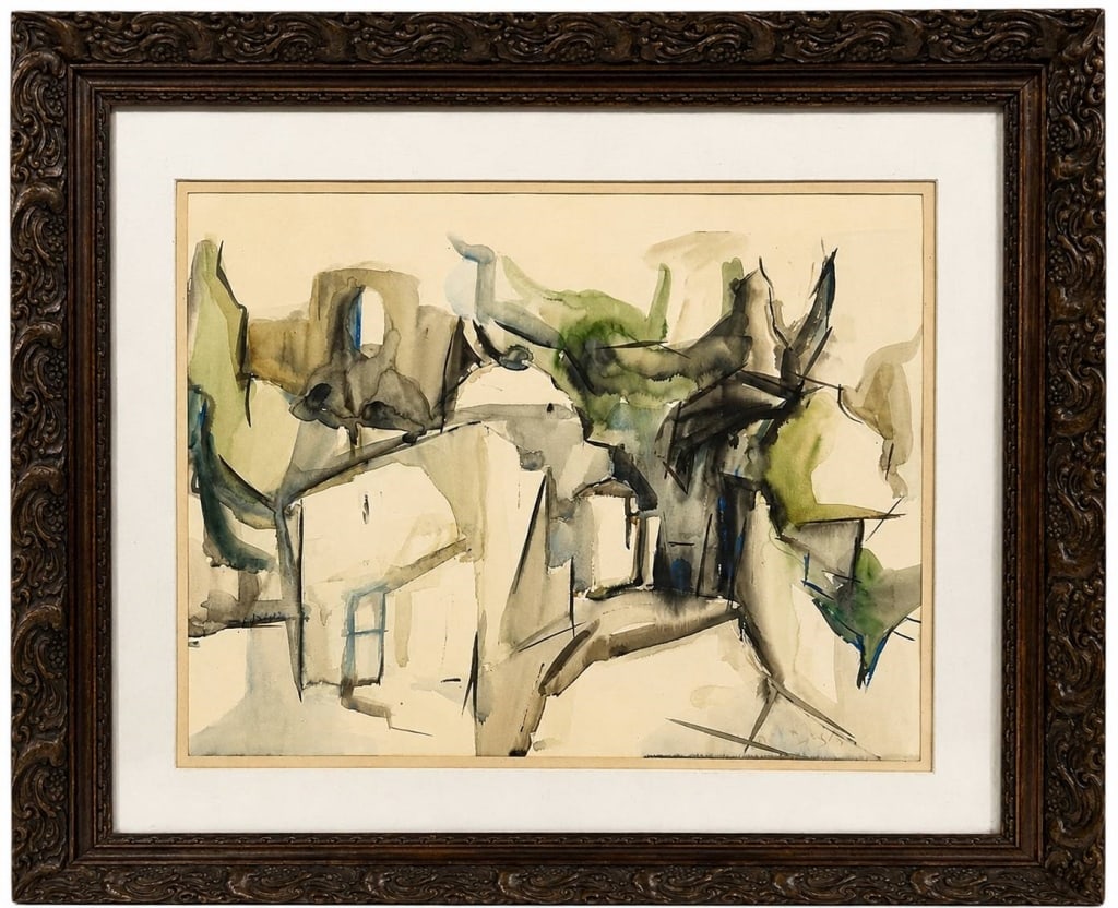 FRAMED ABSTRACT WATERCOLOR PAINTING 27": Original abstract watercolor painting depicting an expressive architectural landscape rendered in fluid washes of earthy neutrals, olive greens, slate blues, and charcoal accents. The composition is p