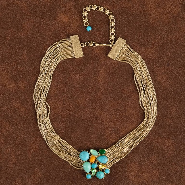 VINTAGE MULTISTRAND STATEMENT NECKLACE: This elegant necklace features multiple gold-toned strands, beautifully gathered with a cluster of turquoise, amber, and green gemstone accents. The layered design adds depth and sophistication, makin