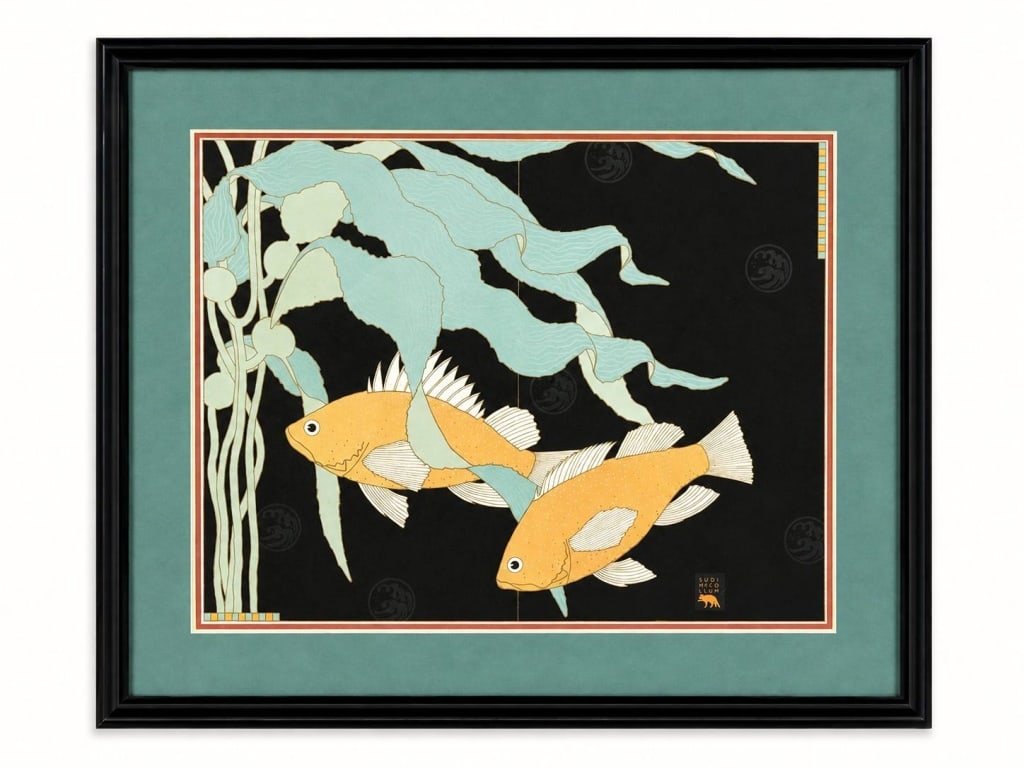 SUDI MCCOLLUM KOI FISH ART PRINT 34": Decorative art print by Sudi McCollum depicting two stylized orange koi fish swimming beneath broad aquatic leaves against a deep black ground. The composition combines graceful movement, simplified n