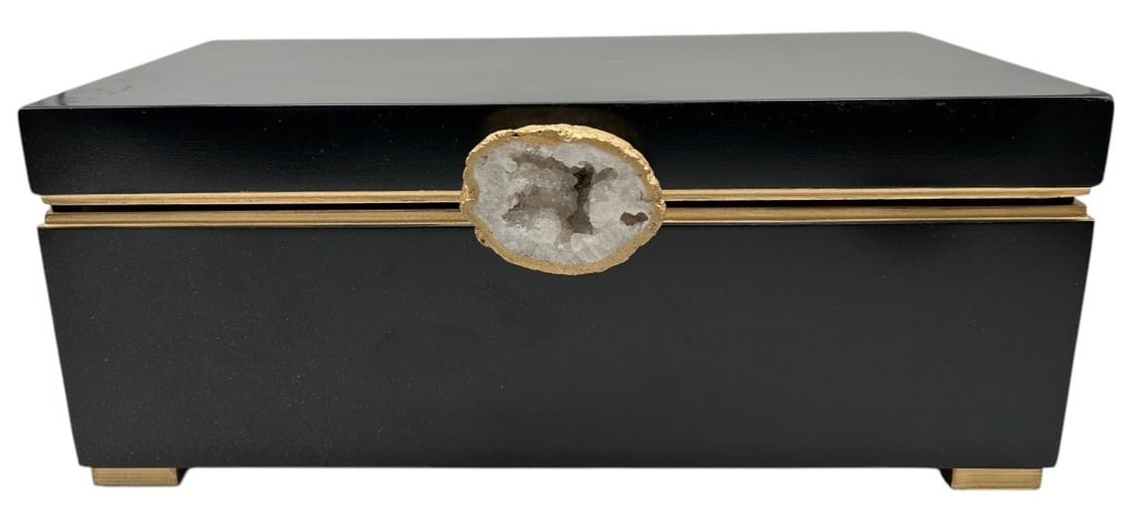 BLACK LACQUER JEWELRY BOX WITH GEODE 16": Contemporary black lacquered rectangular jewelry or keepsake box featuring elegant metallic gold trim and a natural quartz geode slice pull mounted to the lid. The interior is fully lined in rich brow
