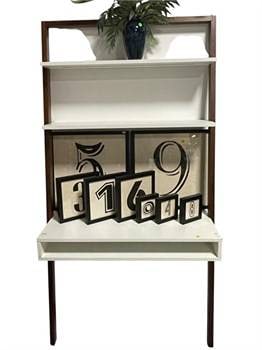 MODERN WOOD AND LACQUER WALL DESK WITH SHELVING: Contemporary wall-mounted desk and shelving unit featuring a warm wood frame with contrasting white lacquer shelves and integrated work surface. Clean-lined and minimalist in design, this versatile pi
