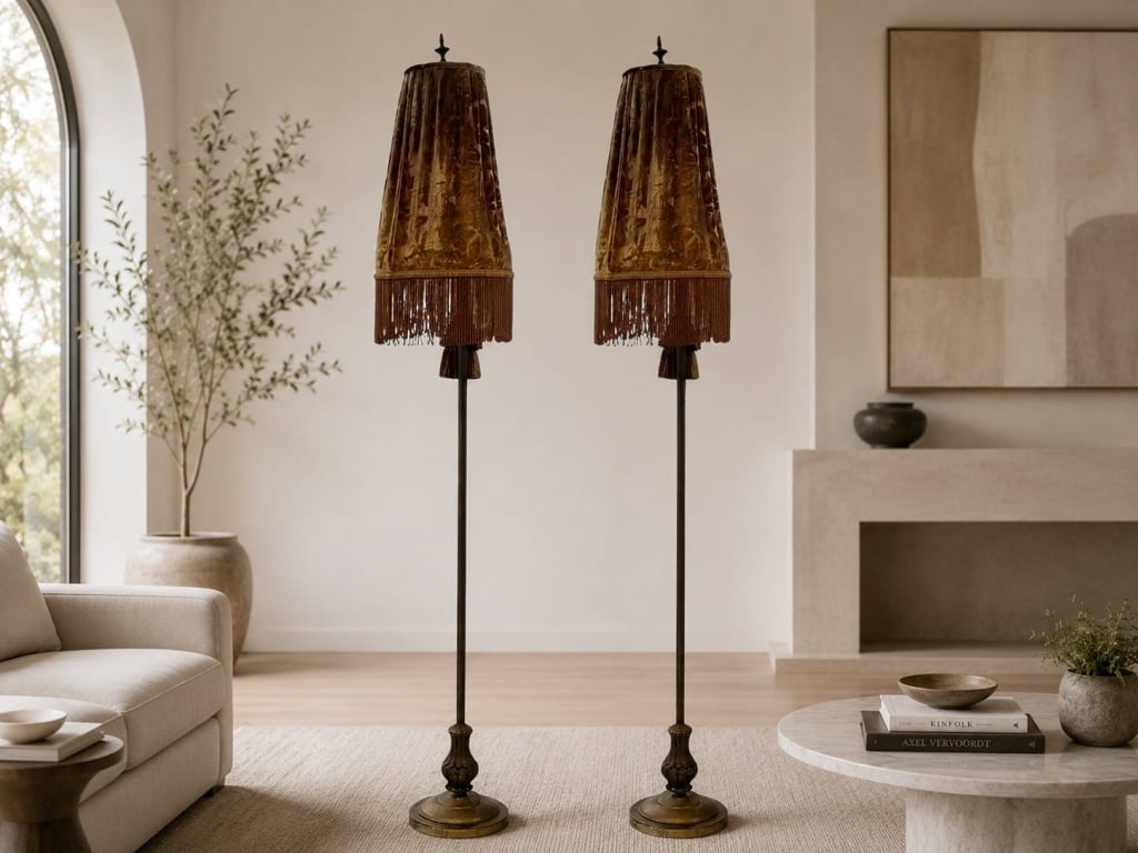 PAIR 80" BOUDOIR SALOON STYLE VELVET FRINGED LAMPS (1 of 4)