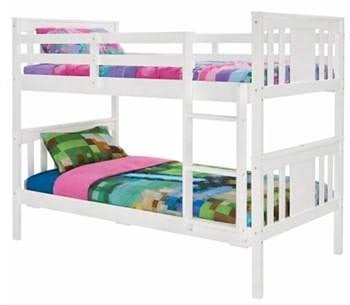 SOLID WOOD TWIN OVER TWIN BUNK BED WITH LADDER: This solid wood twin over twin bunk bed features a clean white finish with integrated guard rails and a built-in ladder for safe and practical use in children?s bedrooms, guest rooms, or vacation home