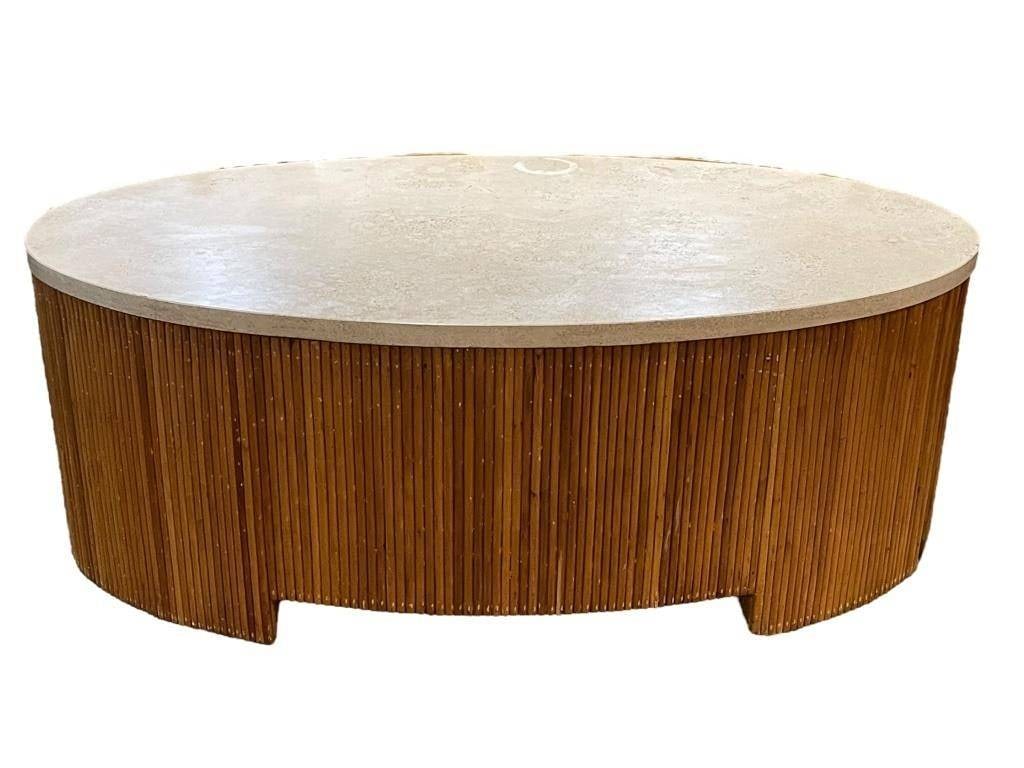 MID MOD OVAL TRAVERTINE & PENCIL REED COFFEEE 54": -VINTAGE MID-CENTURY OVAL TRAVERTINE & PENCIL REED COFFEE TABLE | | -A chic and substantial vintage coffee table that epitomizes the Organic Modern style of the 1970s and 80s (in the style of designer