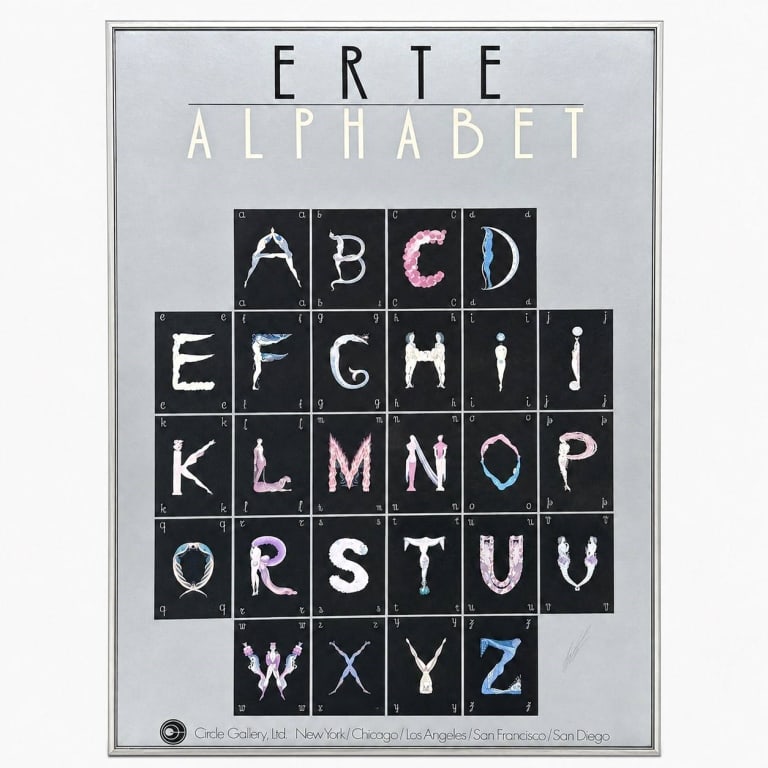 ERTE ALPHABET EXHIBITION POSTER 37": Vintage decorative exhibition poster featuring Ert??s Alphabet, with each letter formed from elegant Art Deco-inspired figures, costumes, animals, and ornamental motifs. The alphabet is arranged in in