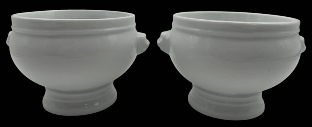 BODUM PORCELAIN SOUP BOWLS PAIR 5": Crafted by Bodum of Switzerland, this pair of white porcelain soup bowls features a classic pedestal form with small side lug handles and a clean, minimalist design suitable for contemporary or tradit