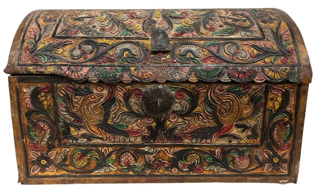 HAND CARVED POLYCHROME TRUNK CHEST 24": Hand-carved wooden trunk or blanket chest featuring an arched lid richly decorated with polychrome foliate scrollwork, stylized birds, florals, and fruit motifs in the traditional Scandinavian or Euro