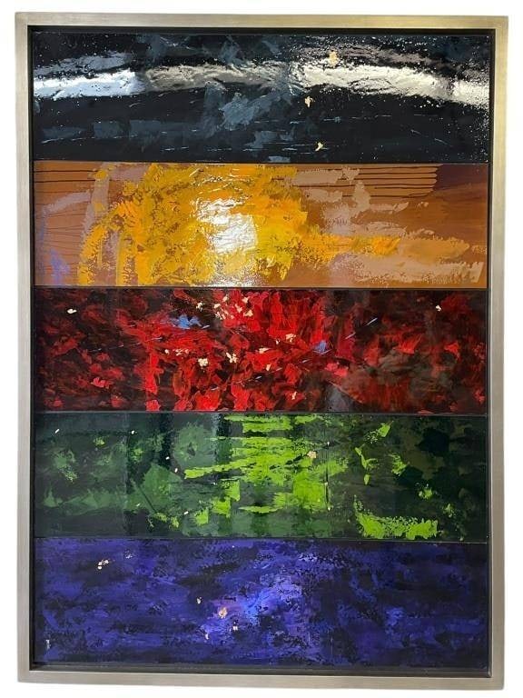 LARGE MIA FRAMED ABSTRACT COLOR BLOCK PAINTING 80": Striking large-scale abstract artwork featuring layered horizontal bands of color including black, gold, amber, red, green, and deep cobalt blue, accented with expressive palette-knife texture and sca