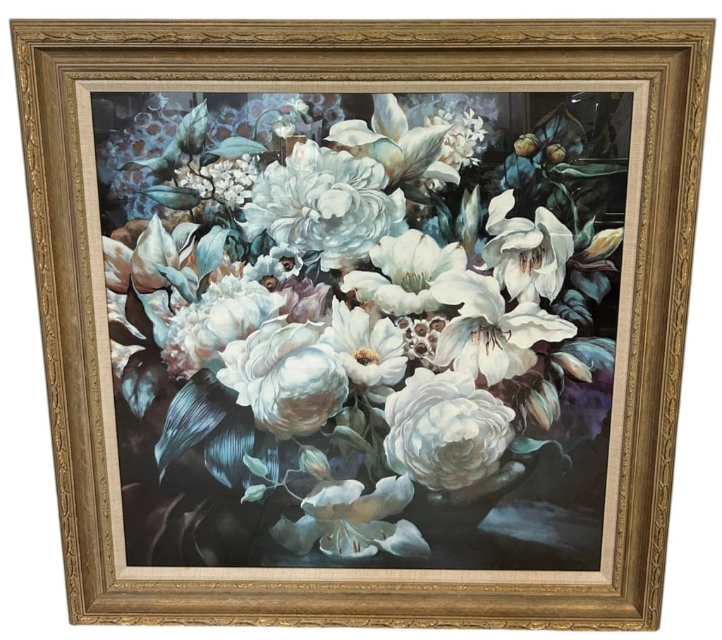 FLORAL STILL LIFE FRAMED PRINT 48": Large decorative floral still life print depicting an abundant arrangement of white blossoms against a rich, moody background in shades of blue, green, and deep plum. Presented under glass in an attra
