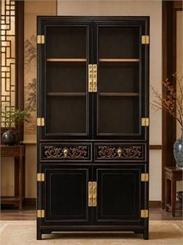 ASIAN STYLE BLACK LACQUER DISPLAY CABINET 74.5": Asian style black lacquer display cabinet featuring a tall rectangular form with upper glass-front double doors, lower cabinet storage, two center drawers, and ornate brass-tone hinges, pulls, and dec