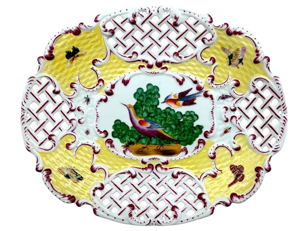 ASIAN INSPIRED BIRD & BUTTERFLY PLATTER 14": Chelsea House decorative porcelain platter featuring a vibrant hand-painted style design of colorful exotic birds perched among green foliage, surrounded by butterflies, bees and other insects. The ov