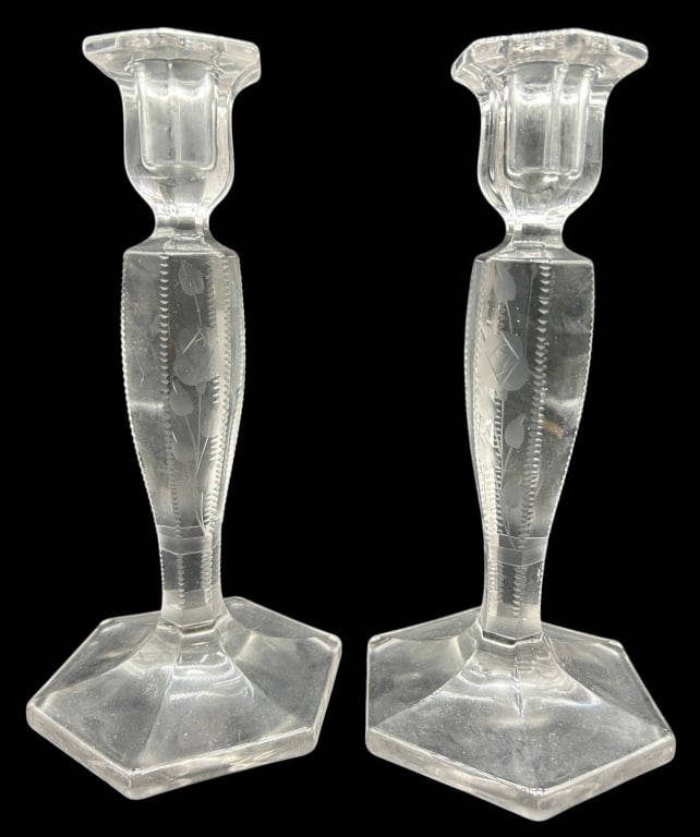 PAIR OF ETCHED GLASS CANDLESTICKS 9in (1 of 4)