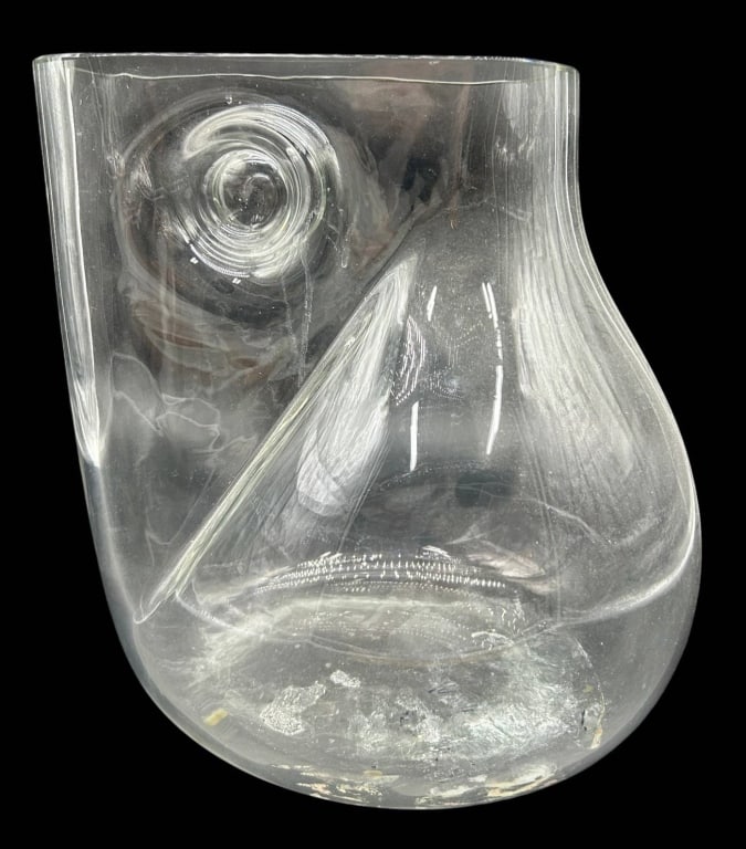 MODERN ART GLASS DOUBLE CHAMBER VASE 11": A striking modern art glass vase featuring an innovative double-chamber design with one cylindrical chamber and one asymmetrical bulb-form chamber seamlessly joined by a sculptural diagonal glass divi