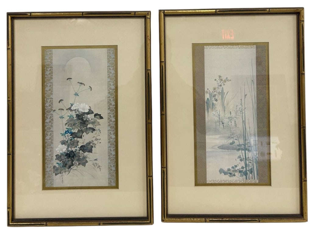 PAIR OF ASIAN BOTANICAL & LANDSCAPE PRINTS 20": This elegant pair of Asian-inspired prints features serene botanical and landscape compositions rendered in soft muted tones. One depicts blooming flowers beneath a full moon, while the companion piec