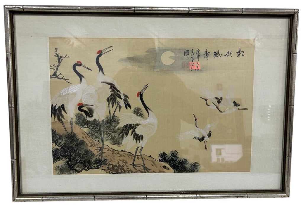 ASIAN CRANE & PINE LANDSCAPE PRINT 25": This elegant Asian-style print depicts a gathering of red-crowned cranes among windswept pine trees beneath a full moon, with additional cranes soaring gracefully in flight. Rich in traditional symbol