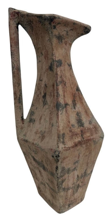 MODERN STUDIO ART POTTERY VASE 26": This striking handcrafted studio art pottery vase features a bold sculptural silhouette with an elongated integrated handle, tapered neck, and faceted geometric body. Finished in an earthy matte glaze