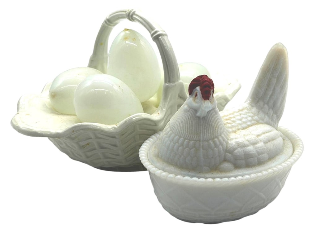 MILK GLASS HEN DISH & EGG BASKET 10" (1 of 6)