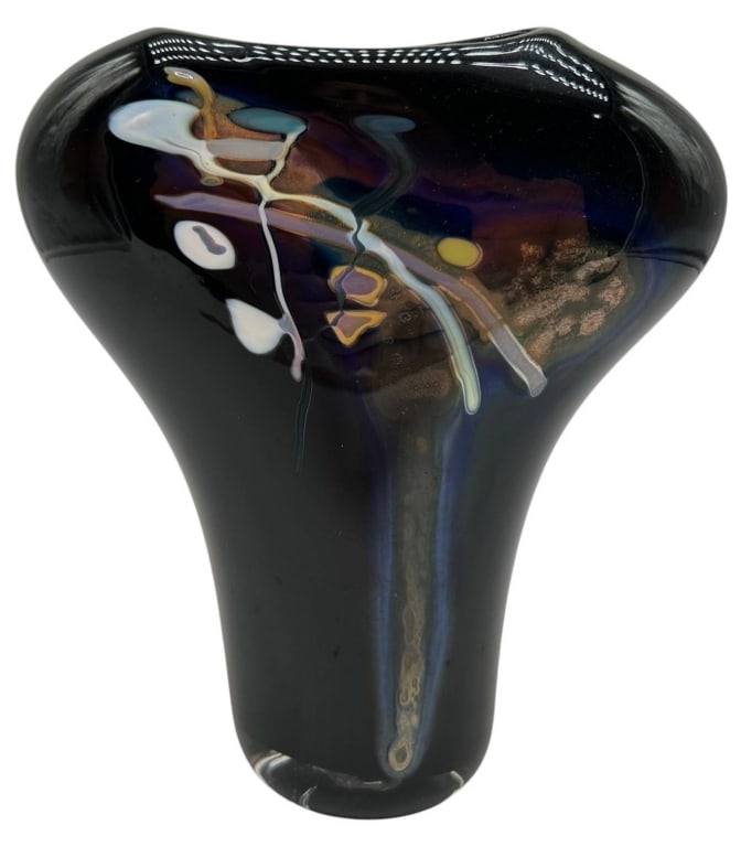 SIGNED ART GLASS BLACK VASE 8": Elegant contemporary art glass vase featuring a dramatic freeform flared silhouette in deep black glass with an iridescent abstract decoration in white, gold, lavender, blue, and amber tones. The unde