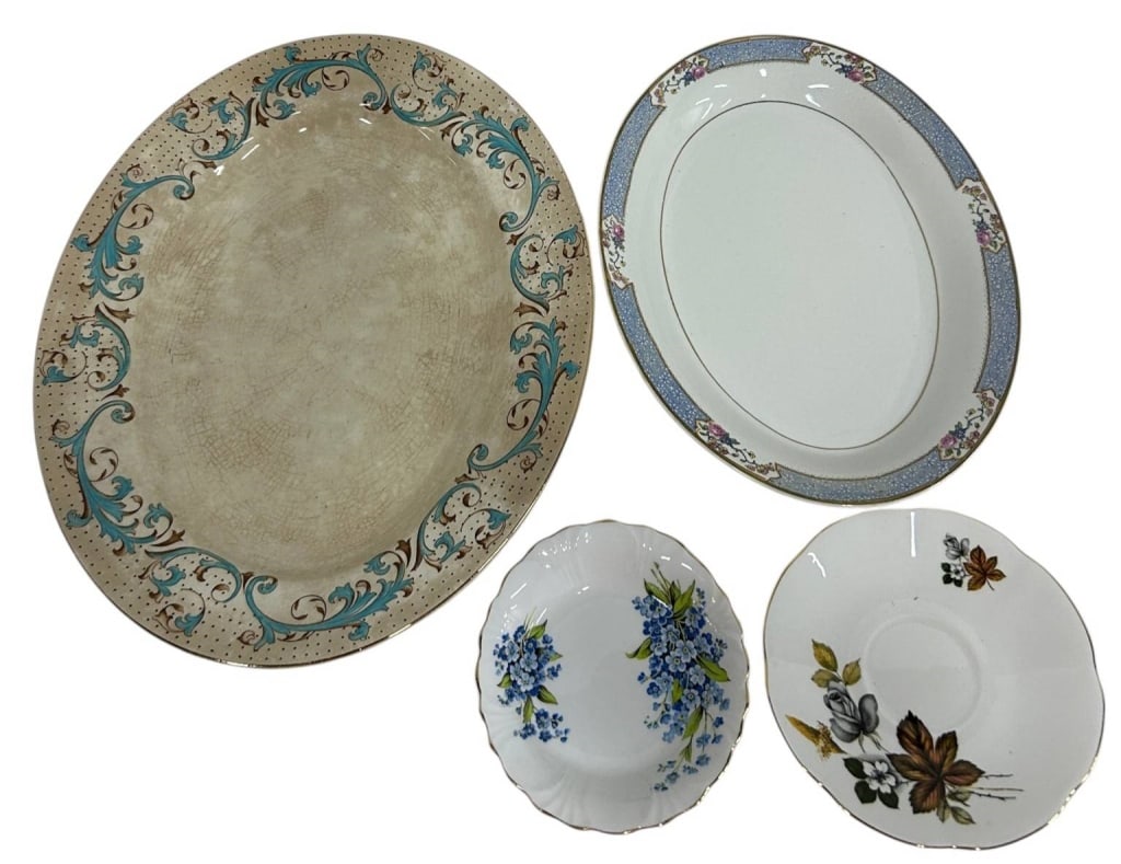 FOUR ASSORTED SERVING PLATTERS & BOWLS 14": Charming assortment of four vintage ceramic serving pieces, including a large oval platter with turquoise and brown scrollwork border, an oval floral serving platter with lavender border and gilt trim