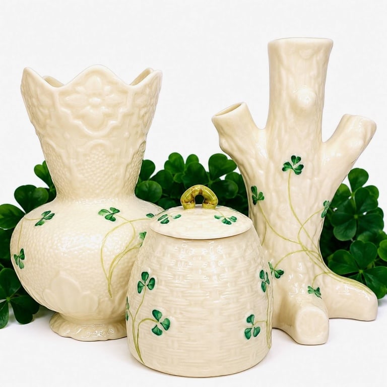 BELLEEK SHAMROCK IRELAND PORCELAIN LOT 7": This charming lot of three Belleek Irish porcelain decorative pieces showcases the classic ivory basketweave body accented with hand-painted shamrocks and delicate embossed details for which Belleek i