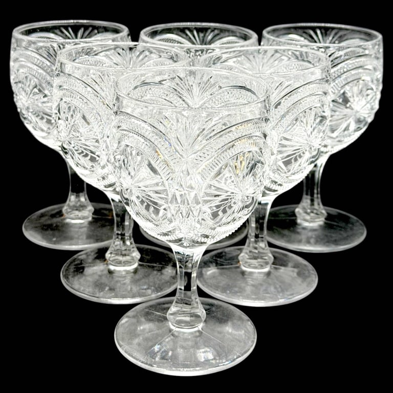 SET OF 6 CUT GLASS SHERBETS 4": This matching set of six vintage clear cut glass sherbet or dessert cups features an intricate geometric cut pattern with brilliant fan, starburst, and crosshatch motifs that beautifully refract light