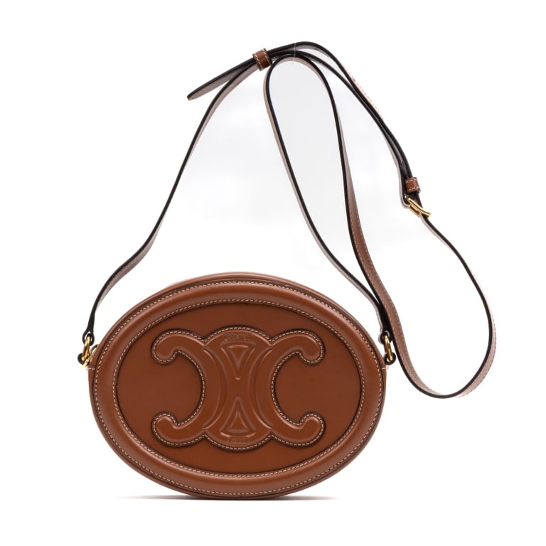 CELINE TRIOMPHE OVAL BROWN CROSSBODY: CELINE TRIOMPHE OVAL CROSSBODY SMALL CARAMEL BROWN SMOOTH LEATHER GOLDDimensions (CM): 19*15.2*6.4cm Production Code: S-SL-4223 AAGTU0781