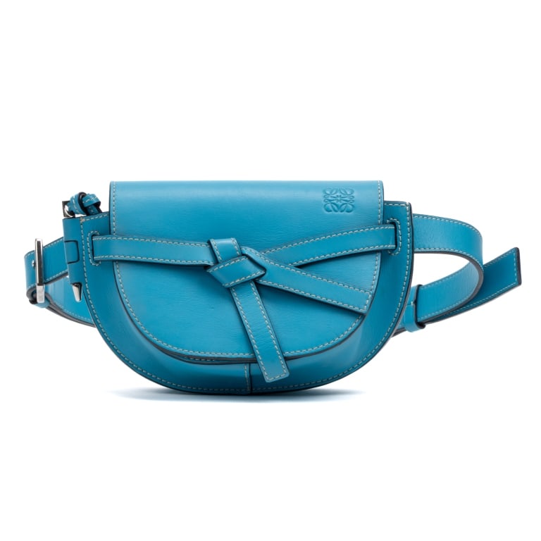 LOEWE GATE MINI BLUE SMOOTH LEATHER BELT BAG: LOEWE GATE BELT BAG MINI BLUE SMOOTH LEATHER SILVER Dimensions (CM): 20.3*12.7*7.6cm Production Code: 521940 A GTU0771