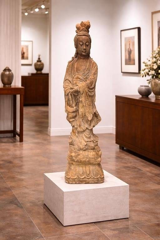 HUGE GUANYIN CARVED POTTERY STATUE PEDESTAL BASE 4: Gracefully carved standing Guanyin figure depicted in flowing robes atop a lotus-form pedestal. The serene facial expression, elegant drapery, and traditional coiffure reflect the timeless iconography