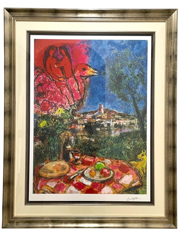 LARGE MARC CHAGALL LOVERS OVER CITY 59": *for alternative shipping options please go to www.dejavuauctionshipping.com-LARGE MARC CHAGALL (AFTER) LIMITED EDITION PRINT SIGNED IN PLATE AND NUMBERED 33/375 LOVERS OVER CITY -A monumental, vibran